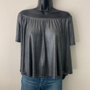 COOTE short sleeve festive silver shimmer off the shoulder ribbed top size L